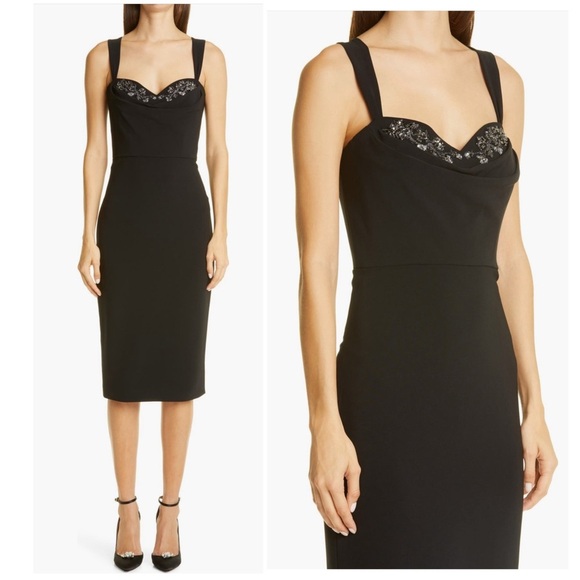 Marchesa Notte Crystal Embellished Cowl Neck Crepe Sheath Cocktail Midi Dress - Picture 1 of 15